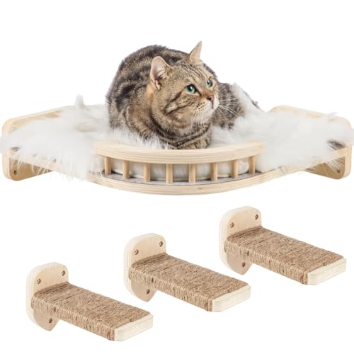 Coolex Large Cat Wall Shelves, Corner Cat Shelf with 3 Cat Wall Steps, Cat Shelves for Wall Large Cats Set, Cat Wall Bed with Plush Covered, Wall Mounted Cat Climbing Shelf for Indoor Cats (Wood)