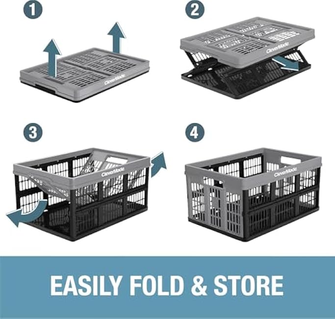 CleverMade Collapsible Utility Crates-Obsidian 3pck 45L / 11 Gal holds 66 lbs - Stackable Containers Heavy Duty Capacity Crates Space-Saving Baskets