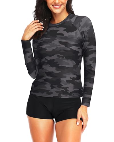 Image of Daci Women Two Piece Rash Guard Long Sleeve Swimsuits UV UPF 50+ Swim Shirt Bathing Suit with Boyshort Bottom
