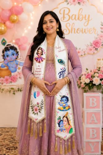 Image of Mom to Be Baby Shower Dupatta for Godh Bharai and baby shower Stoles with Bal Krishna Print, Ceremonial Festive Seemantham Functions FREE Shreenathji Brooch Pin for Dad to Be