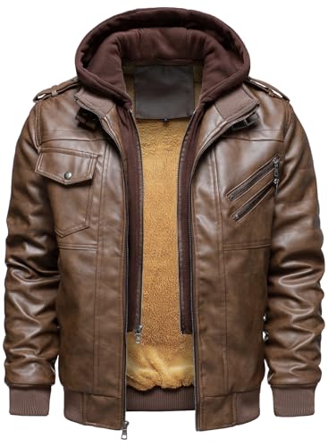 Image of HOOD CREW Men's Casual Stand Collar PU Faux Leather Zip-Up Motorcycle Bomber Jacket With a Removable Hood