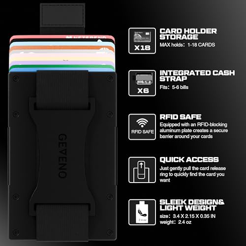 Slim Wallet for Men – Minimalist RFID Blocking Men's Wallet, Holds 1–18 Cards & Easy Access Pull Tab, Metal Aluminum Credit Card Holder with Cash Strap (Black)4