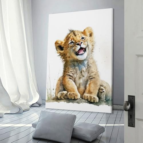 Affiche aquarelle bébé lion sur toile rétro pour illuminer votre déco murale