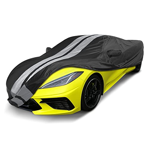 Image of Coverland Custom Car Cover Waterproof All Weather for 2020-2026 Chevy Corvette C8, E-Ray, Z06, ZR1, ZR1X w /o High Wing Spoiler, Weatherproof Covers for Automobiles Protection, Stripe(Black /Gray)