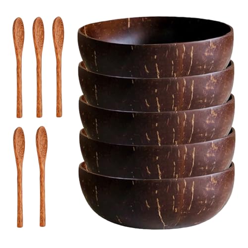 Ameble Juego de Cuencos de Pulido Natural con 5 Cuencos de y 5 cucharas, 1 Pulgadas ecológicos para Acai, Ensalada orgánica Vegana, decoración de Cocina