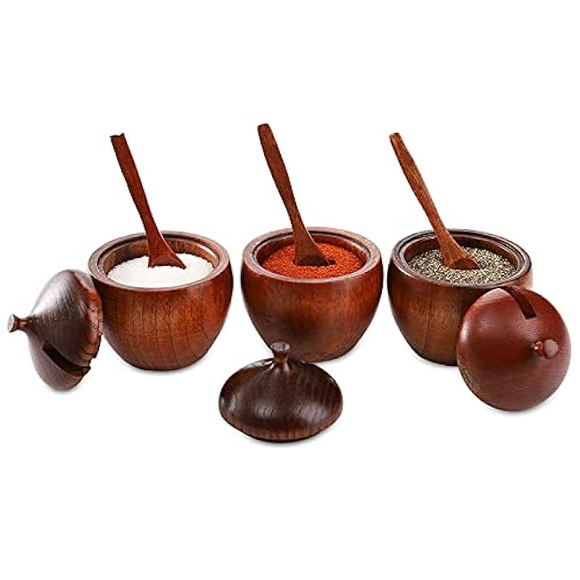 DEAYOU 3 Pack Wood Salt Box Spice Jar, Natural Wooden Salt Cellar with Lid and Spoon, Sugar Bowl Pepper Seasoning Container Holder Keeper for Kitchen, Serving, Condiment, Japanese Style