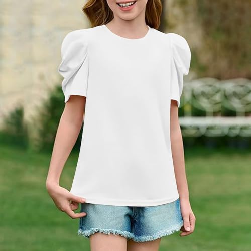 Girls Puff Sleeve T-Shirts 2025 Kids Fashion Short Sleeve Tween Girls Summer Elegant Dressy Casual Blouse Longline2