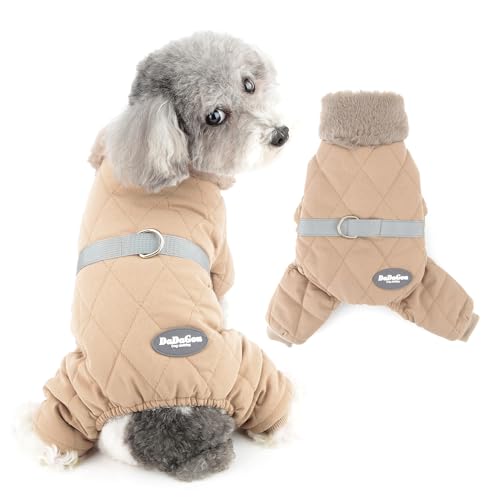 Ranphy Fleece Lined Dog Coat for Small Dog Quilting Pet Jumpsuit with D-Ring and Fuzzy Collar Elastic Padded Puppy Jacket Warm Winter Autumn Chihuahua Yorkie Cat Outdoor Snowsuit, Khaki, XL