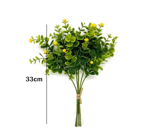Image of Artificial Eucalyptus Bouquet with Baby Breath Yellow Flowers - 6 Stems Faux Greenery Bunch, 33cm Height for Home, Office, Wedding & Party Decoration