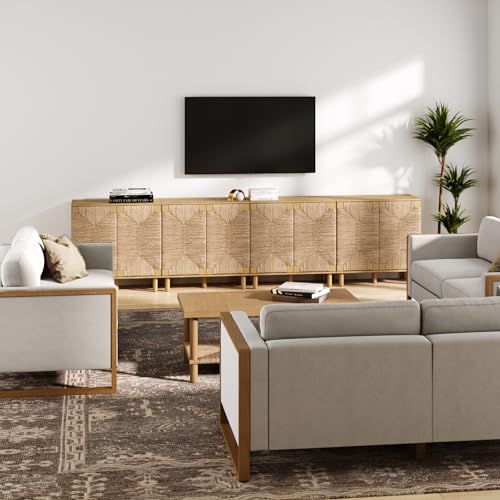Image of Nathan James Beacon Accent Natural Sideboard Storage Cabinet TV Stand in Light Wood with Adjustable Interior Shelf and Seagrass Doors, for Hallway, Entryway or Dining Room, Light Brown, Set of 4