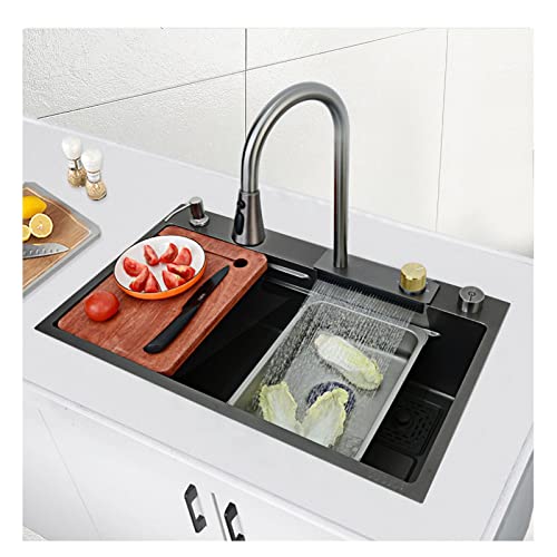 Fregadero de Cocina de Acero Inoxidable 304, Color Negro, Fregadero de Cocina Tipo Cascada Nano Raindance, Fregadero de un Solo tazón, Fregadero para Uso General, fregaderos para Verduras co