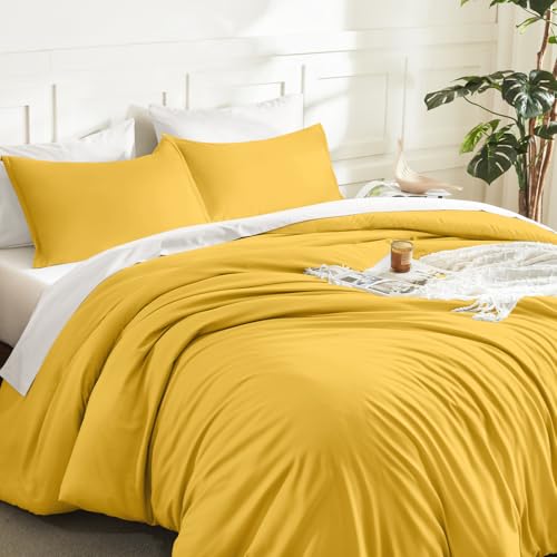 Image of Litanika Mustard Yellow Comforter Set Queen Size, 3 Pieces Lightweight Solid Bedding Comforter Set, All Season Fluffy Bed Set (90x90In Comforter & 2 Pillowcases)