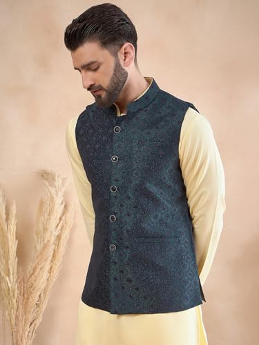 Image of Amazon Brand - Tavasya Mens Woven Design Mandarin Collar Nehru Jackets | Sleeveless Jacket | Ethnic Wear