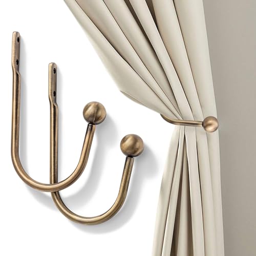 Curtain Holdback Premium Metal Decorative Curtain Holdbacks with Zinc Alloy Cap Finials Rust-Proof Set of 2 Window Curtain Holdbacks (Brass)