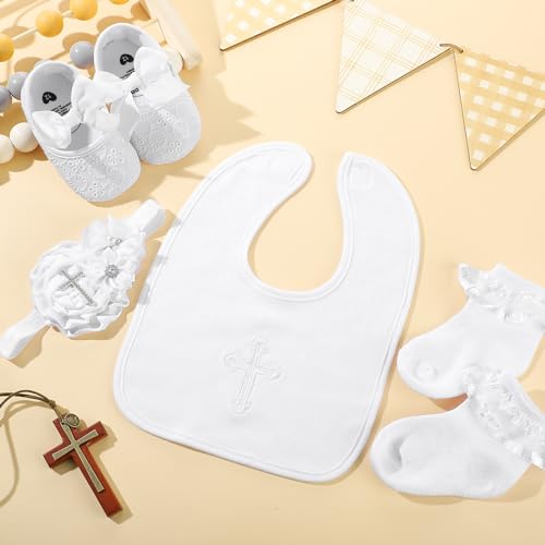4 Pcs Baptism Costume Outfits for Girl Includes White Shoes Socks Headband Embroidered U Shaped Bib First Communion4