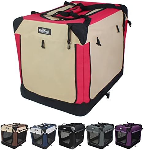 EliteField 3-Door Folding Soft Dog Crate, Indoor & Outdoor Pet Home, Multiple Sizes and Colors Available (24" L x 18" W x 21" H, Red+Beige)