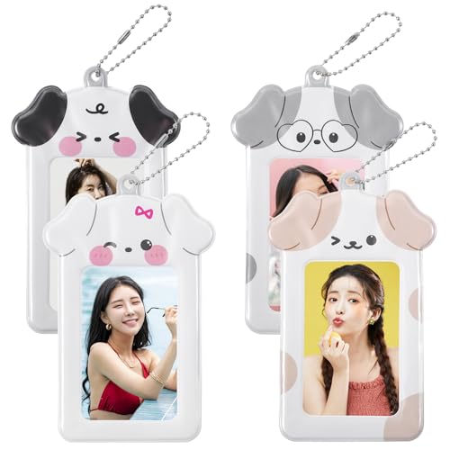 4Pcs Cute Puppies Photocard Holder, 3 Inch Photo Card Holders Cartoon Dog Idol Photoes Frame Photocard Holder Chain Pendant ID Card Photoes Cards Case Photocards Sleeves for Star Chasers Enthusiasts