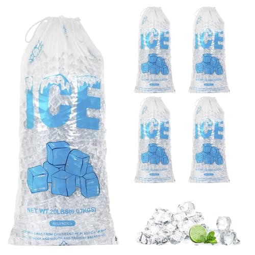Image of 100 PACK 20 lb. Plastic Ice Bags with Cotton Draw String 14 x 28 Inch Heavy-Duty Plastic Ice Storage Bags with Draw String (2.8mil Thickness, Ice Cube pattern)