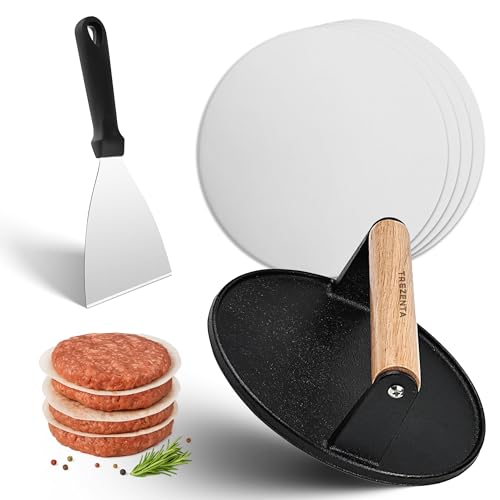 TREZENTA 3-in-1 Cast Iron Smash Burger Press, 7.2'' Pre-Seasoned Cast Iron Hamburger Smasher, Grill Bacon Meat Press Tool Heat Resistant Burger Smasher for Griddle, Food, Chef