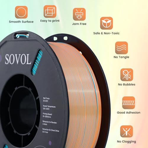 Image of Sovol Dual Color PLA Filament 1.75mm, Silk PLA 3D Printing Material, Dual Color Filament Orange + Light Blue 2 in 1 Coextrusion PLA Filament + /-0.03mm, 1kg /2.2lbs