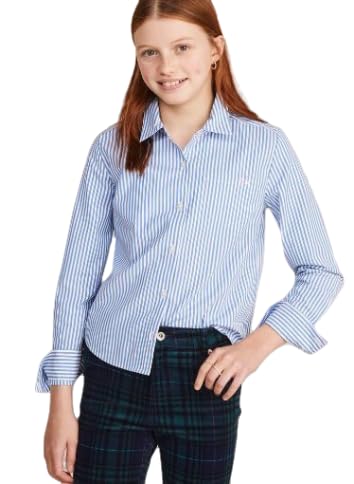 vineyard vines Girls' Poplin Button Down Striped Top, Hull Blue, 10 - Main Image
