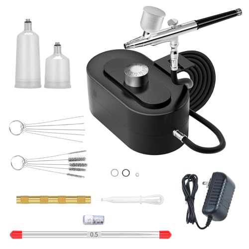 Airbrush Gun Kit with Air Compressor - Small Plug-in Dual-Action Spray Paint Gun, Includes 0.2/0.3/0.5mm Nozzles for Nail Art, Furniture Repair & Artistic Painting (Standard Set)