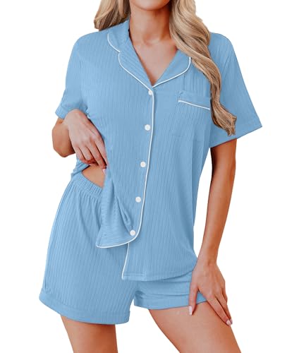 Image of Ekouaer Womens Pajamas 2 Piece Ribbed Knit Pjs Button Down Sleepwear Set Summer Casual Loungewear Lounge Sets