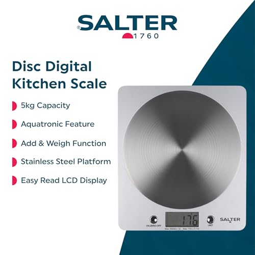 Salter 1036 SVSSDR bilancia da cucina digitale, elegante design sottile, cucina/casa, piattaforma in acciaio inox filata, Aggiungi e pesata, misura liquidi/fluidi, capacità massima 5KG argento