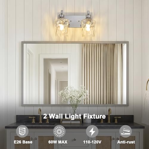 Image of Bathroom Light Fixtures Farmhouse Chrome Vanity Lights for Bathroom Lighting Fixtures Over Mirror with Hammered Glass Lampshade for Cabinet Mirror Bedroom Hallway 2 Light