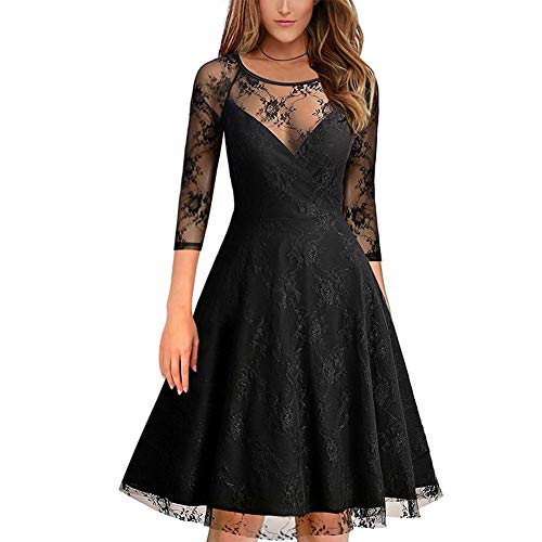 SAMGU Women's Sexy Lace Vintage 1950s Swing Party Dress Elegant Lace Retro 3/4 Sleeve Cocktail Formal A-Line Dresses Black-L