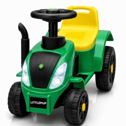 Image of Little Pup Kids Ride On Tractor Toy with Music & Horn, Steering Wheel, Comfortable Backrest, Wide Footrest & Sturdy Wheels for Boys & Girls (Green)
