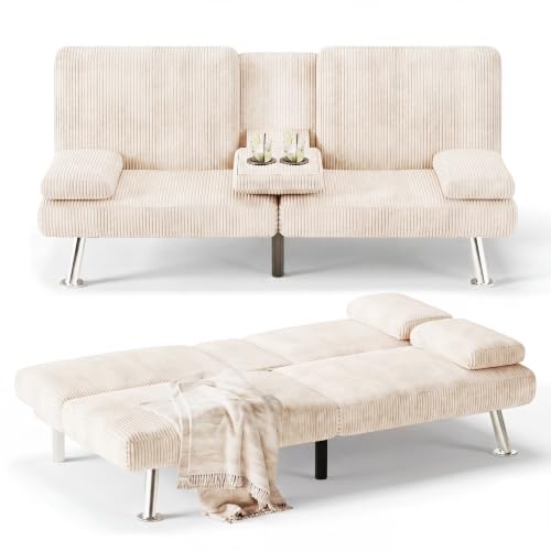 Image of Flamaker Futon Sofa Bed, Modern Corduroy Convertible Folding Futon Set