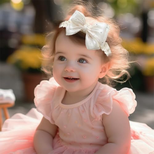 Lace Bow Baby Girl Headband Cute Gauze Bow-Knot Hair Band Elastic Turban Head Wrap Soft Lace Rhinestone Crystal Hair Accessory for Newborn Infants Toddler (Off white, Standard size)2