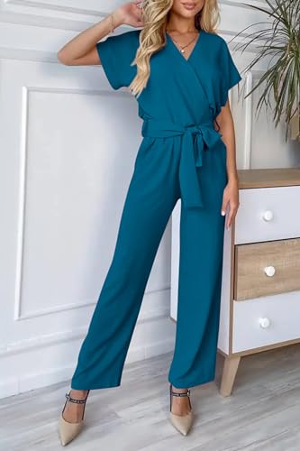PRETTYGARDEN Women's Summer One Piece Jumpsuits Belted Short Sleeve Wrap V Neck Fashion Dressy Casual Wide Leg Pants Romper