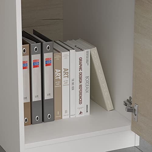 Didugo Reception Desk Front Counter Desk Retail Checkout, Lockable Drawer And Cabinet Shelves, For Office Lobby Salon Oak And White (55.1”W X 23.6”D X 43.3”H) #TOP6