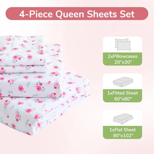 Image of MUXHOMO Queen Size 4 Piece Sheet Set, Soft & Breathable Sheet for Bedroom with Deep Pocket Up to 16 inch, Wrinkle-Free & Cooling Bed Sheet with Flat Sheet, Fitted Sheet & Pillowcases - Pink Flower Sea