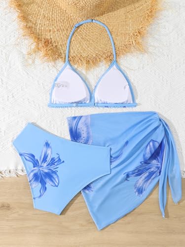 Image of SEGT Girl's 3 Piece Striped Bikini Swimwear Cute Swimsuits Bathing Suit High Waisted with Cover Up Beach Skirt