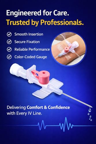 Image of Fidelis Healthcare IV Cannula with Injection Port & Wings | Sterile Disposable IV Catheter | Latex-Free Smooth Flow Intravenous Cannula for Hospital, ICU & Clinical Use