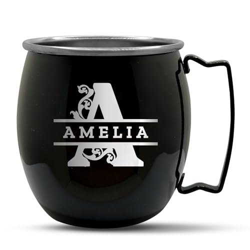 Personalized Custom Smooth Finish Black Moscow Mule Mugs with Monogram Engraved Bar Style Cup, 16 oz | Single