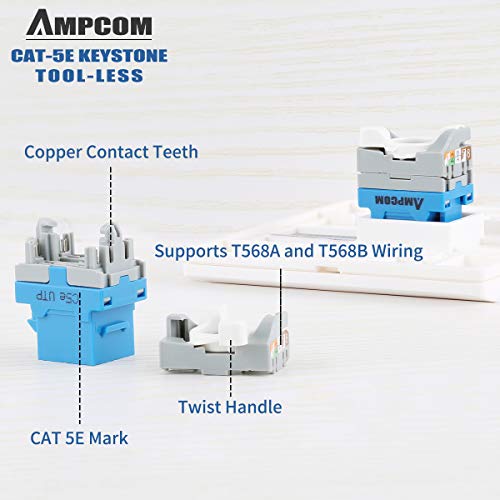 AMPCOM 10-Pack CAT5e RJ45 Tool-Less Keystone Jack, No Punch Down Tool Required UTP Module Connector Blue