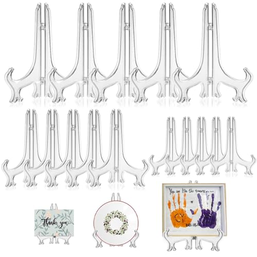 ruitao 15Pack Clear Plastic Easels or Stand / Plate Holders to Display Pictures or Other Items 3 5and 7 Folding Plate Holder at Weddings Home Decoration Birthdays Tables