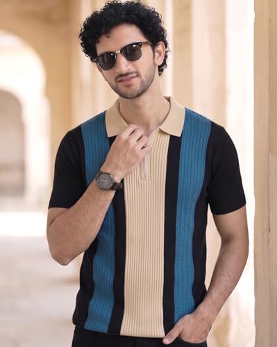 Image of AUSK Men's Zip Collar Polo Tshirt | Cotton Rich Material | Half Sleeves | Modern Knit Panel Work | Regular Fit