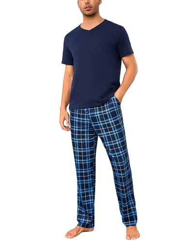 Bresdk Pijamas Hombre Algodón Conjunto de Pijama Manga Corta Tops con Largo Pantalones a Cuadros Ropa de Dormir Suaves y Confortables Azul-C L