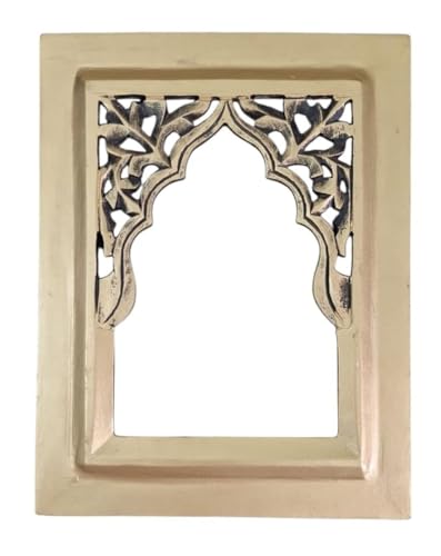 Image of Antique Black Hand Carved Wooden Jharokha Wall Mirror Frame for Home & Bedroom Decor - Traditional Arch Design (12x9 Inch) (Golden)