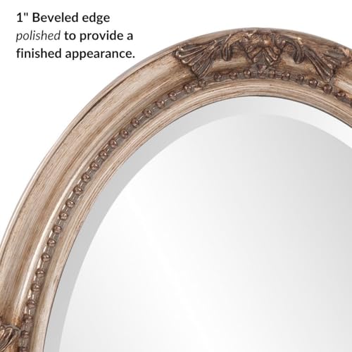 Image of Howard Elliott Collection Queen Ann Oval Antique Silver Leaf Wall Mirror, Oval Bevelled Hanging Wood Framed Vanity Mirrors for Home Decor, Living Room, Bathroom, Bedroom, or Hallway, 25 x 33 Inch