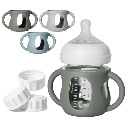 Image of 3 Pack Silicone Sleeves for Philips Avent Natural Glass Bottle Food Grade Anti Breakage Baby Bottle Holder with Handles and 3pcs Travel Bottle Caps (Dark Blue+Dark Green+Grey, 4oz)