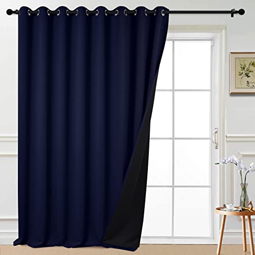 Image of Yakamok Navy Blue Blackout Patio Door Curtain Panels W100 x L108,1 Panel | Noise Reducing Barrier Panel for Sliding Glass Door, 2 Thick Layers Heat Full Light Blocking Patio Door Drapery