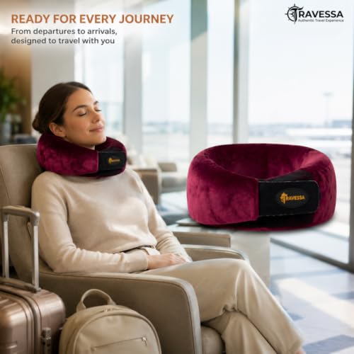 Image of TRAVESSA Memory Foam Neck Pillow | Travel Neck Pillow for Pain Relief | Ergonomic Airplane Neck Pillows | Adjustable & Washable Travel Pillow for Flight and Car with Free Travel Pouch | Soft Wine