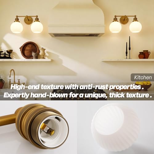 Image of 2-Lights Bathroom Light Fixtures, Vintage Milk White Glass | hardwired gold wall mounted lamp for bathroom mirror to elevate decor & refresh older home's look,DIY-friendly,UL,E26
