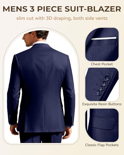 Image of Men's 3 Piece Slim Fit Suit Set, Two Button Blazer Solid Jacket Vest Pants Wedding Business Suit